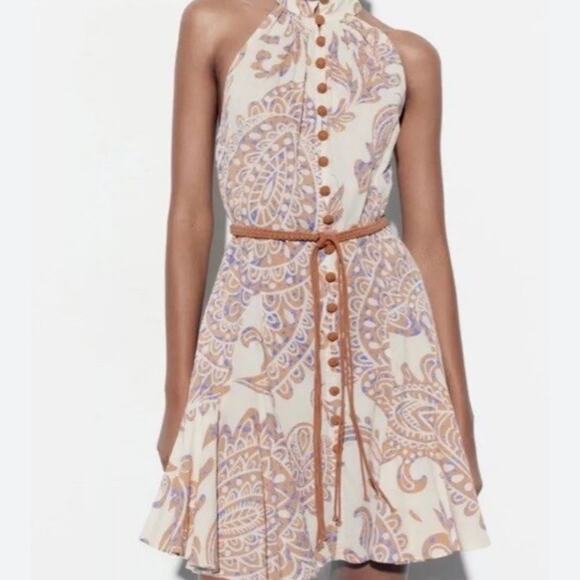 Zara Blogger Fave Women's High Collar Paisley Boho Flared Mini Dress Medium Tan - Picture 7 of 14